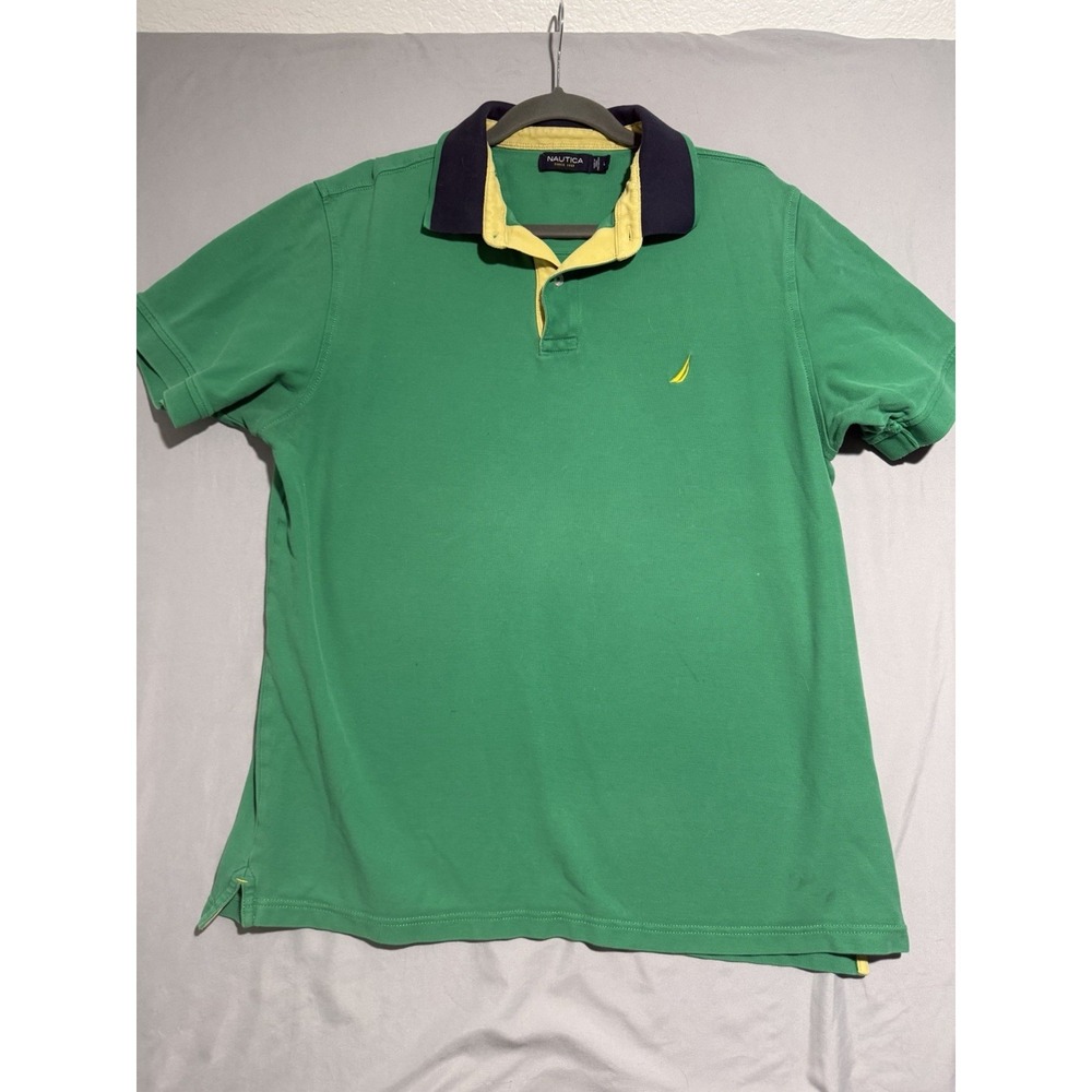 nautica two button polo shirt, green with blue collar ss shirt, men's large